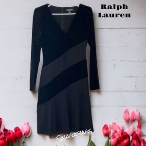 RALPH LAUREN NWT VELVET V NECK LONG SLEEVE A LINE DRESS BLACK SIZE 2